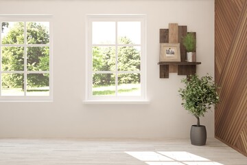 Fototapeta premium White empty room with summer landscape in window. Scandinavian interior design. 3D illustration