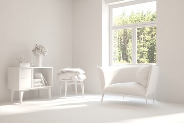 White room with armchair and green landscape in window. Scandinavian interior design. 3D illustration