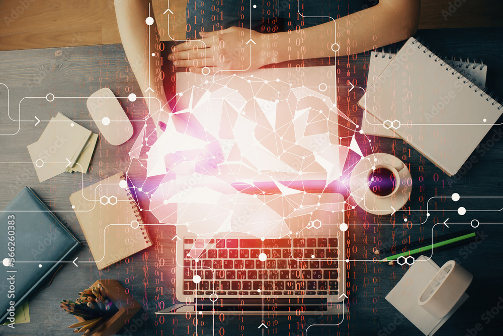Poster Multi exposure of writing hand on background with brain hologram. Concept of learning.