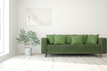 White modern room with green sofa. Scandinavian interior design. 3D illustration