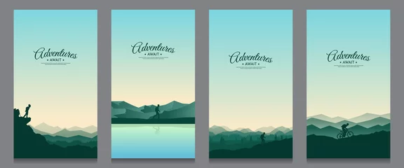 Fototapeten Vector landscape set. Travel concept of discovering, exploring and observing nature. The guy watches nature, riding at mountain bike, climbing to the top, going hike. Design for flyer, invitation  © VVadi4ka