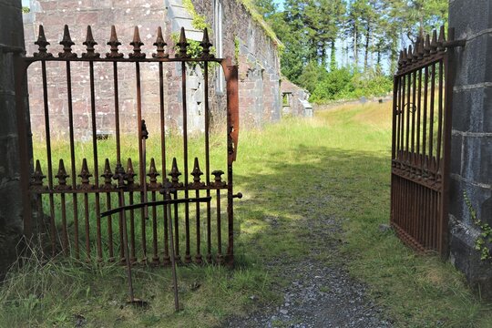 The entrance gates to the abandoned Protestant Christ Church building at Toormakeady, County Mayo, Ireland.