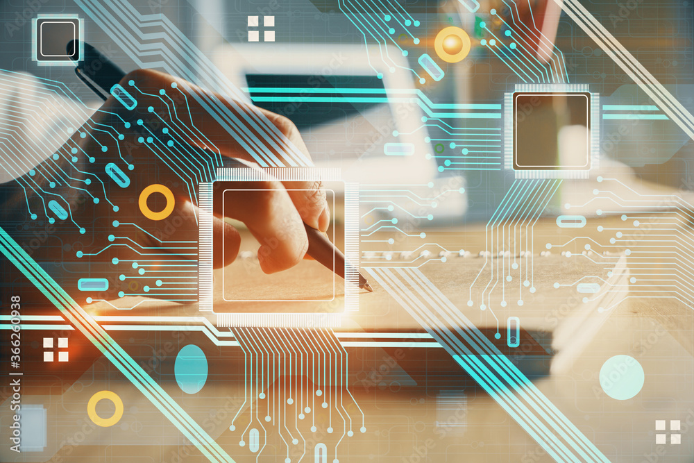 Wall mural multi exposure of woman's hands on background with technology and digital coding icons. data develop