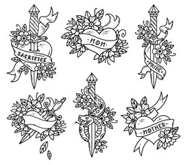 Collection of Heart Tattoos in Old school style. Heart with ribbon, flowers and words mom, mother. Dagger with green snake. Dagger pierced heart. Old school slyle. Set of retro tattoos