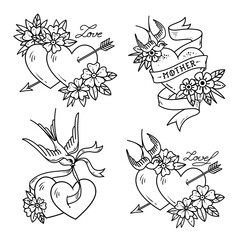 Set of Heart Tattoos with birds.Old school style. Two hearts pierced by arrow. Tattoo hearts with flower and Swallow. Isolated tattoo red heart with ribbon. Love. Valentines Day illustration.