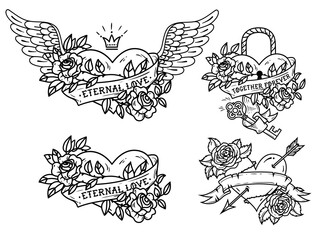 Set of heart tattoos with roses and ribbons. Old school. Tattoo heart under lock and key. Red heart entwined in climbing rose tattoo. Flying heart entwined in climbing rose.