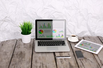 analyzing statistics on laptop screen, working with financial graphs charts online, using business software for data analysis .and project management concept, rear close up view