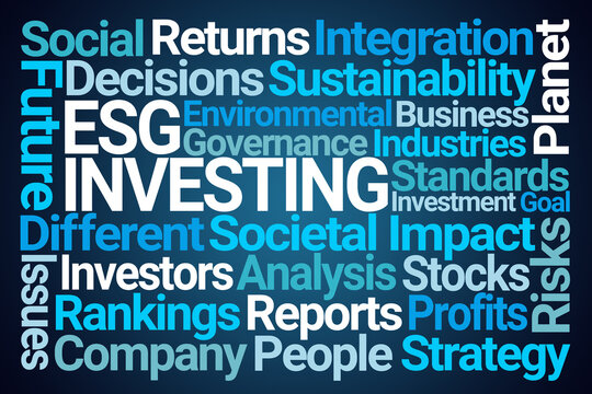 ESG Investing Word Cloud on Blue Background