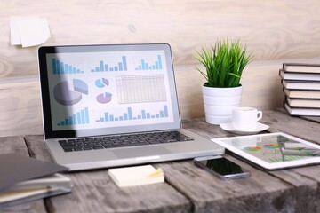 analyzing statistics on laptop screen, working with financial graphs charts online, using business software for data analysis .and project management concept, rear close up view