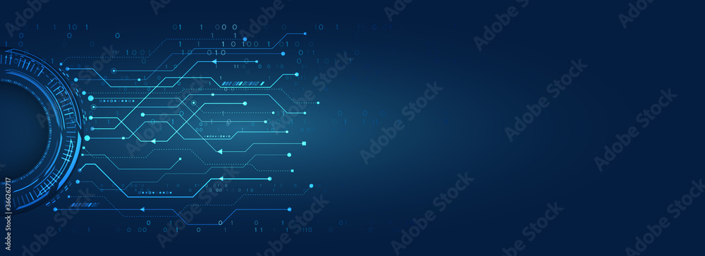 Fototapete Wide Blue background with various technological elements. Hi-tech computer digital technology concept. Abstract technology communication vector illustration.