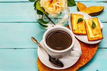 Healthy breakfast. Cup of coffee (black tea), milk, crackers with butter and salmon