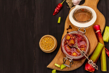 Chutney from rhubarb. Set of ingredients and spices for cooking