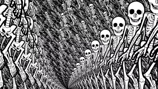 Seamless animation of swirl of psychedelic walking skeletons and skeleton in catwalk printed drawn style cartoon. Hypnotic halloween background with marker stroke effect.