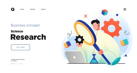 Science research website Landing page template design. Concept of Scientist character making research in a laboratory. Web page layout with modern business concept illustration.