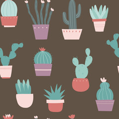 Seamless pattern with cute cactus, aloe and succulents. Vector flat illustration on a brown background. Can be used as clothing design, textiles, bed linen, stationery, packaging paper, wallpaper.