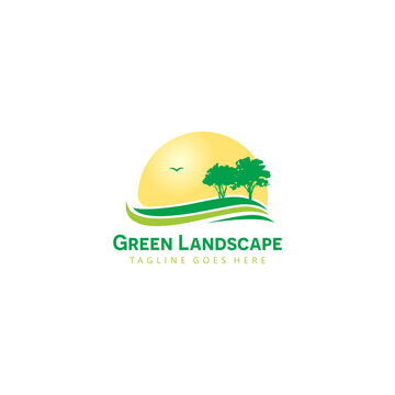 Isolated Abstract Sunny Green Meadow Logo For Lawn Gardening Business, Organization Logotype Vector Illustration