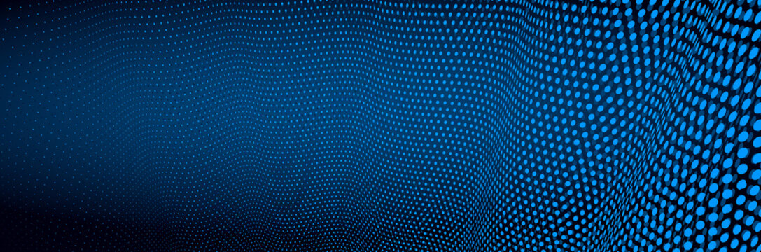 3D abstract dark blue background with dots pattern vector design, technology theme, dimensional dotted flow in perspective, big data, nanotechnology.
