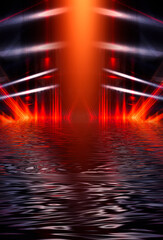 Dark neon background with rays and liquid, flowing lines. Night view, reflection in the water of neon light. Abstract dark bright red neon. 3d illustration