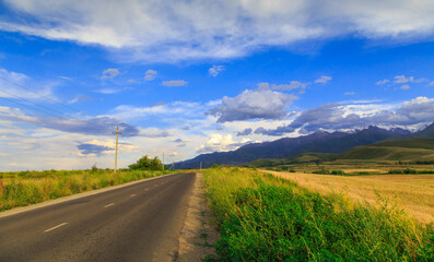 Fototapeta na wymiar Beautiful summer landscape. Mountain country road among green hills. Lush green hills, high mountains. Spring flowering grass.