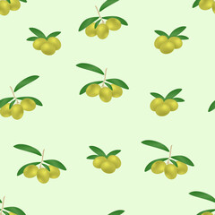Vector seamless pattern of olives with leaves on a green background. For printing on fabrics, packaging, napkins tec.