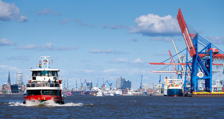 Public transport boat at the harbor of Hamburg, Germany.