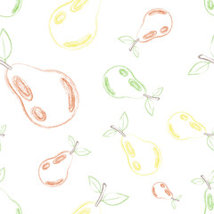 Vector seamless pattern of silhouette of multi-colored pears of different sizes on a white background. Can be used for printing on fabrics, napkins, packaging etc.