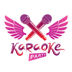 Stage microphone audio equipment created using bird wings, live music concert vector invitation emblem. Music and art makes you free, karaoke party lettering.