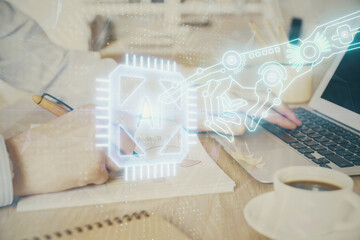 Businessman working on Laptop with technology theme drawing. Concept of big data. Double exposure.