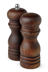 Wooden mills with salt and pepper on white