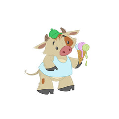 Cute bull, ox or bison taking a melted ice cream. 2021 chinese year of bull symbol. Cartoon hand drawn style. July vector illustration.
