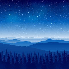 Fototapeta na wymiar Mountain scene with coniferous forest on starry sky background - night landscape for poster and banner design