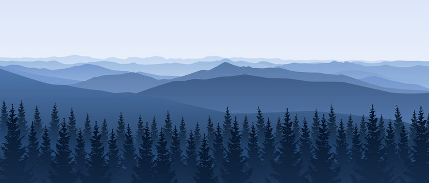 Mountain scene with coniferous forest - panoramic horizontal landscape for banner design