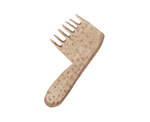 Watercolor element on white background. Wooden stylized comb, hairbrush. For design compositions on the subject of hygiene, bathroom, cleanliness, cosmetics, body care.
