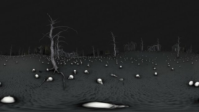 Seamless animation flying over a cemetery at night with trees, tomb stones, skulls and skeletons.  Spherical panorama 360 virtual reality 3D rendering Halloween themed. Equirectangular environment map