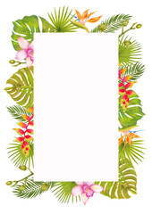 Hand drawn watercolor tropic background with leaves,  palms, flowers
