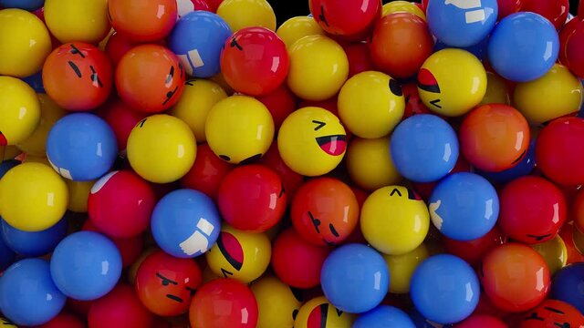 3D Animation of falling and filling screen yellow red and blue balls with different smiles of emoji. Facebook like button and empathetic emoji. Transition with transparent alpha channel
