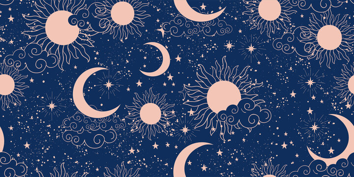 Seamless blue space pattern with sun, crescent and stars on a blue background. Mystical ornament of the night sky for wallpaper, fabric, astrology, fortune telling. Vector illustration