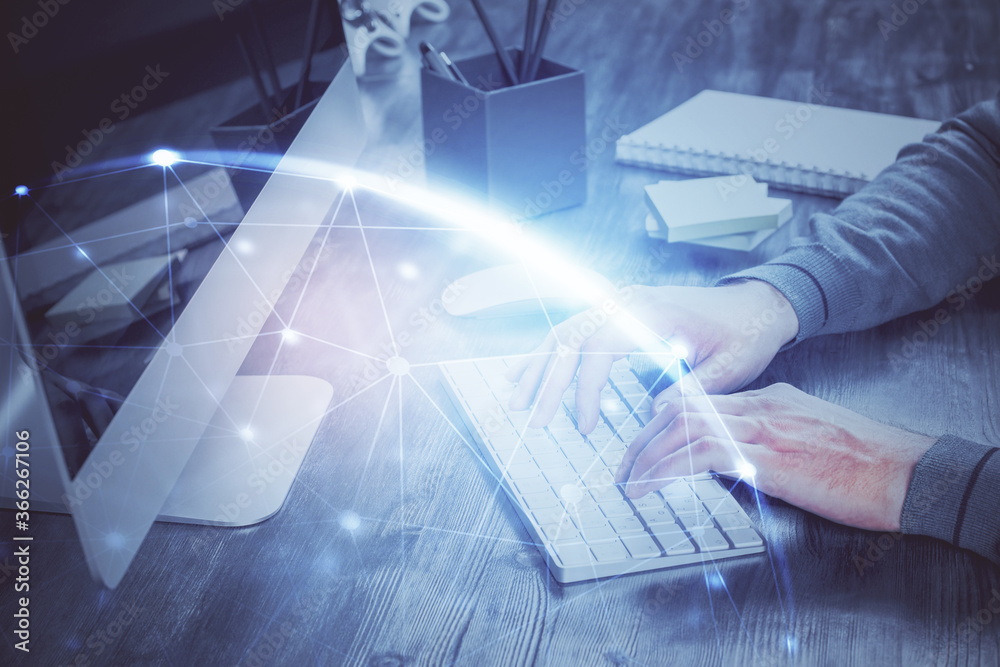 Poster social network theme hologram with businessman working on computer on background. concept of world w