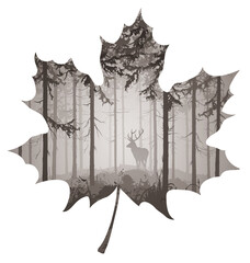 Sycamore leaf. Inside there is a foggy pine forest with a deer and a bird. Vector illustration, isolated object