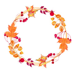 Watercolor wreath of autumn leaves and berries . Beautiful round wreath of yellow and red leaves, berries, branches. 
