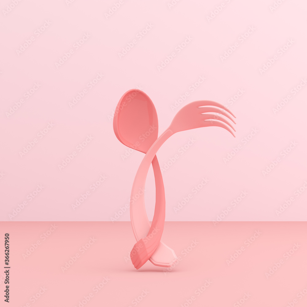 Poster love concept, mock up of fork and spoon together. 3d render.
