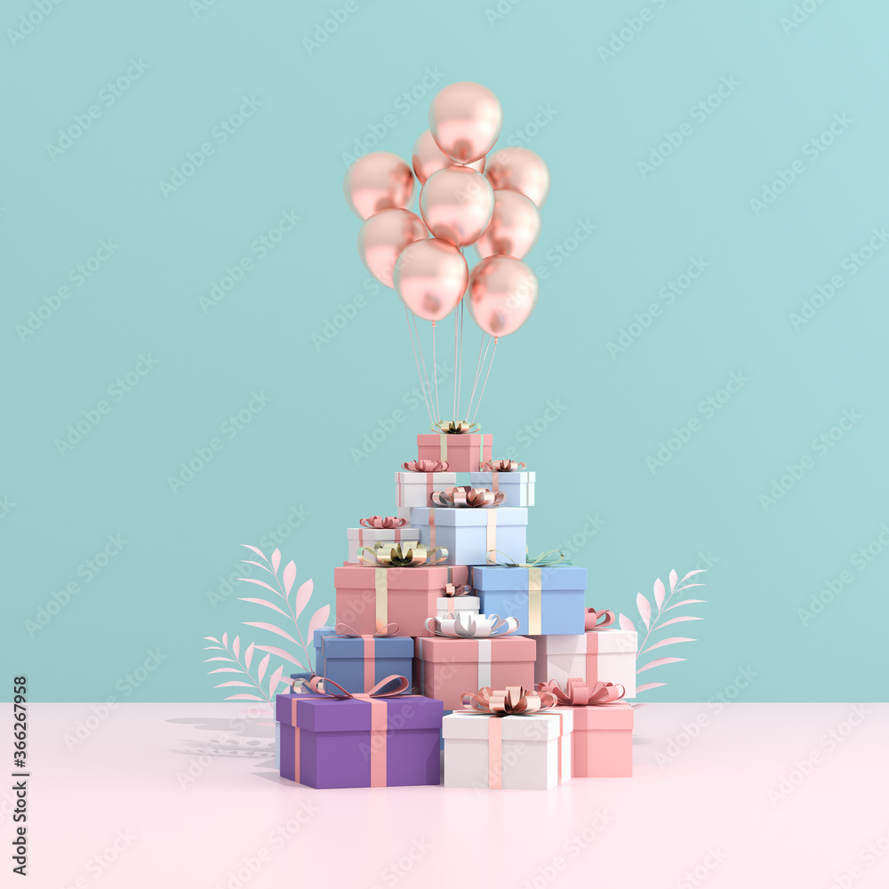 Poster Mock up of gift box and balloons in minimal style. 3D rendering.	
