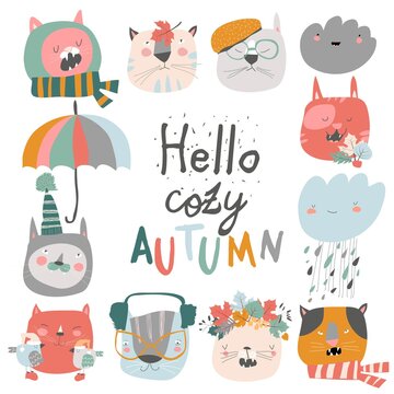 Cute muzzles cats with autumn elements. Hello autumn