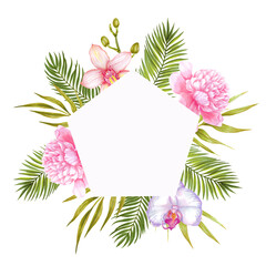 Peony and orchid watercolor  spring flowers with leaves, bamboo leaves, fern palm. Hand drawn illustration. Floral colorful spring background and frame