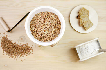 A small grain grinder on a wooden background. Traditional wheat and grain grinder used to grind grain and make flour of wheat and rice. Czech Republic, Europe.