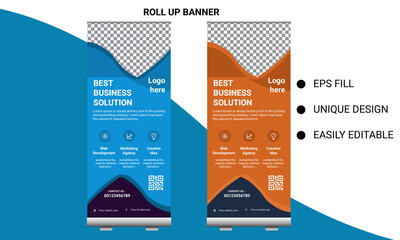 Banner roll-up design, business concept. Graphic template roll-up for exhibitions, banner for seminar, layout for placement of photos. Universal stand for conference, promo banner vector background.