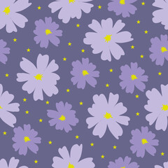 Purple flowers on a dark starry background. Vector pattern background.