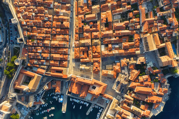 Dubrovnik, Croatia. Aerial view on the old town. Vacation and adventure. Town and sea. Top view from drone on the old castle and blue sea.