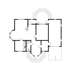 Black and White floor plan of a modern apartment. Vector blueprint. Unfurnished ground floor plan suburban house for your design.