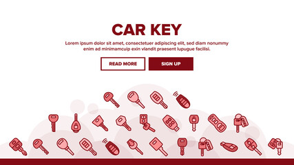 Car Key Equipment Landing Web Page Header Banner Template Vector. Car Key Device Different Style, With Buttons And Trinket, Lock And Open Padlock Illustrations